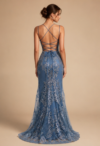 Amara Sequin Evening Dress in Ice Blue