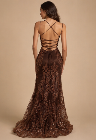 Amara Sequin Evening Dress in Brown