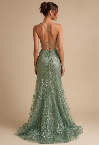 Amara Sequin Evening Dress in Apple Green