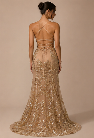 Amara Sequin Evening Dress in Dusty Pink