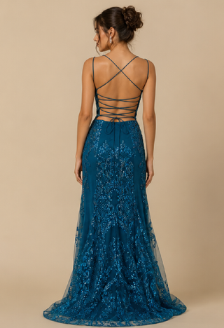 Amara Sequin Evening Dress in Oil Blue