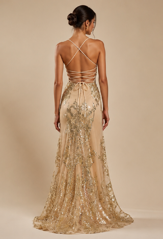 Amara Sequin Evening Dress in Gold