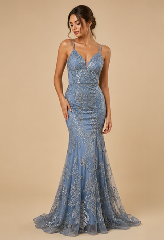 Amara Sequin Evening Dress in Ice Blue