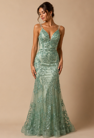 Amara Sequin Evening Dress in Apple Green