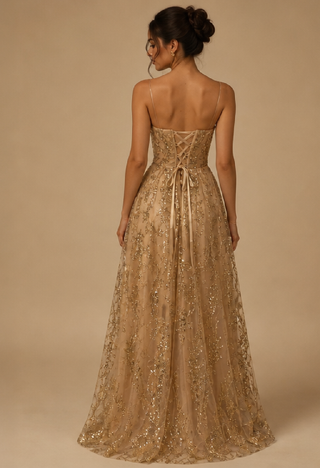 Aurora Sequin Evening Dress in Gold