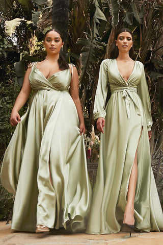 Flowy Satin A-Line Gown with Tie Shoulders, full-length view