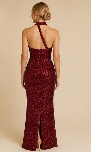 Camelia Sequin Mermaid Evening Dress in Burgundy
