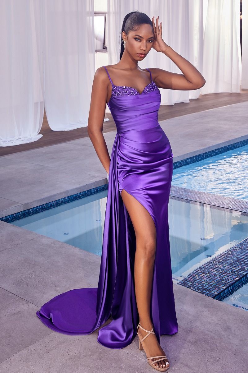 CD340 SATIN PLEATED GOWN WITH EMBELLISHMENT 6 / NOVA PURPLE CD340 SATIN PLEATED GOWN WITH EMBELLISHMENT 6 / NOVA PURPLE