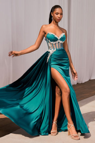 CD343 SATIN FITTED GOWN WITH EMBELISHMENT