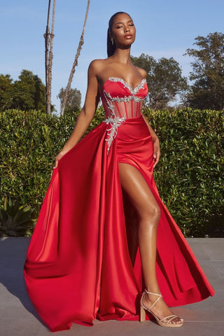 CD343 SATIN FITTED GOWN WITH EMBELISHMENT