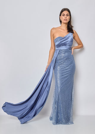 Enchanting Sapphire One-Shoulder Sequin Evening Gown