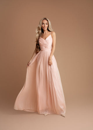Clemence Draped Long Evening Dress in Pink