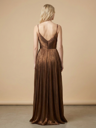 Clemence Draped Long Evening Dress in Brown