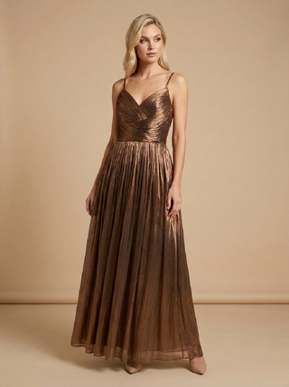 Clemence Draped Long Evening Dress in Brown