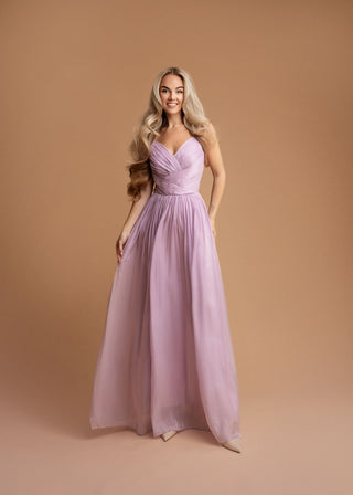Clemence Draped Long Evening Dress in Mauve