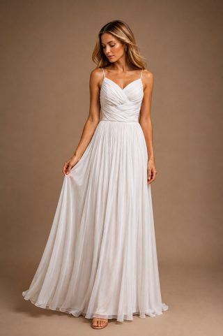 Clemence Draped Long Evening Dress in White