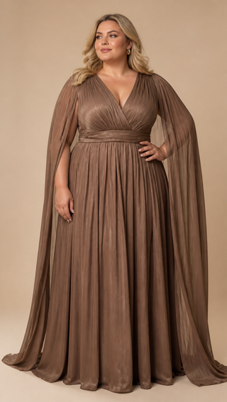 Diane Plus Size Cape Sleeve Evening Dress in Brown