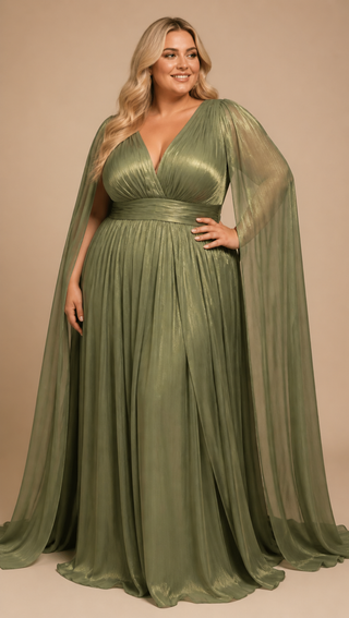 Diane Plus Size Cape Sleeve Evening Dress in Khaki