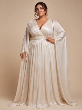 Diane Plus Size Cape Sleeve Evening Dress in Beige