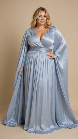 Diane Plus Size Cape Sleeve Evening Dress in Ice Blue