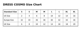 DRESS COSMO size chart: US, EU and UK dress sizes