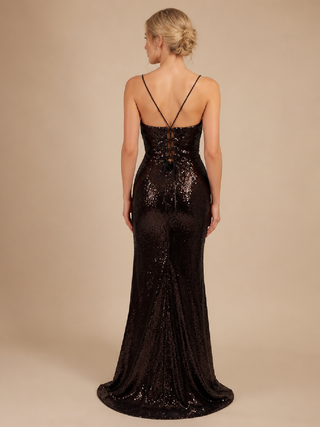 Elea Sequin Mermaid Dress with Lace Up Back in Brown