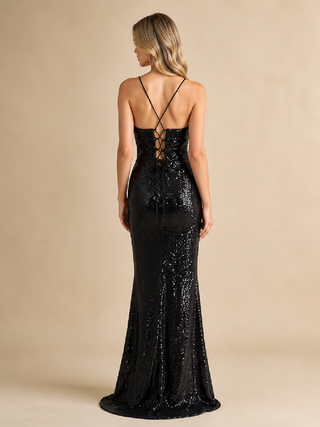 Elea Sequin Mermaid Dress with Lace Up Back in Black