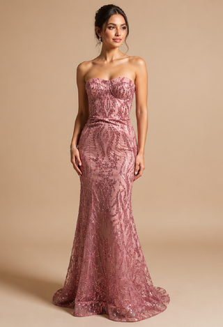 Elora Sequin Evening Dress in Dusty Pink