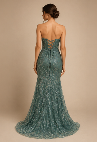 Elora Sequin Evening Dress in Apple Green