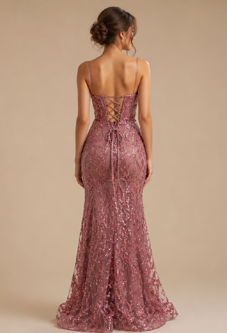 Elora Sequin Evening Dress in Dusty Pink