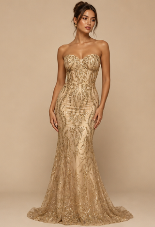 Elora Sequin Evening Dress in Gold