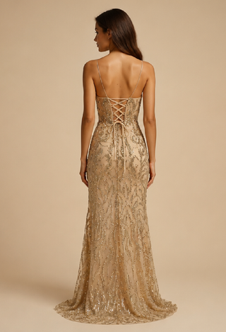 Elora Sequin Evening Dress in Gold