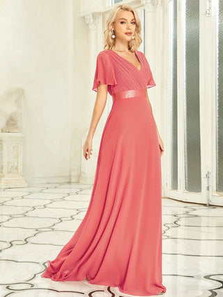 Commercial Short Sleeve Ruffle V-Neck Pleated A-Line Floor Length Bridesmaid Dresses