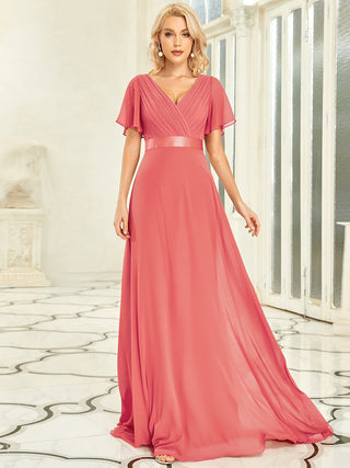 Commercial Short Sleeve Ruffle V-Neck Pleated A-Line Floor Length Bridesmaid Dresses