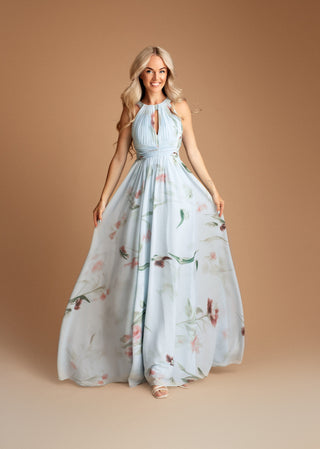 Eulalie Halter Pleated Maxi Dress in Sky Blue