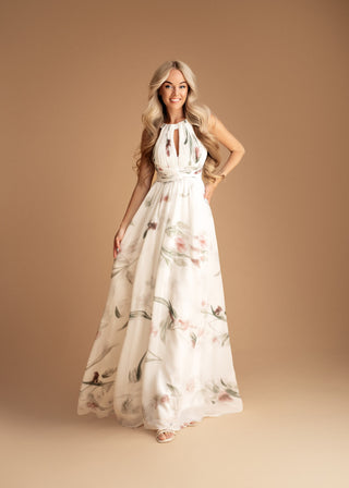 Eulalie Halter Pleated Maxi Dress in White
