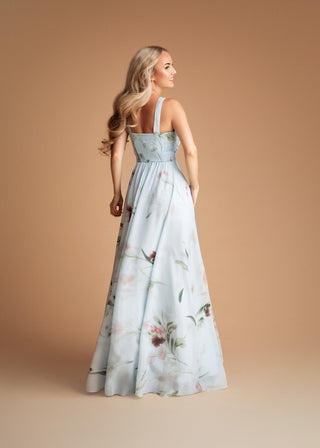 Eulalie Halter Pleated Maxi Dress in Sky Blue