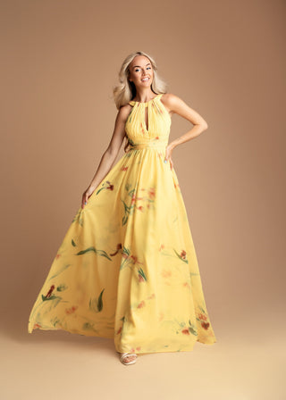 Eulalie Halter Pleated Maxi Dress in Yellow