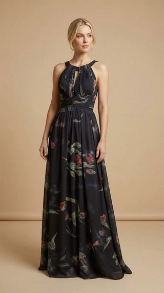 Eulalie Halter Pleated Maxi Dress in Black