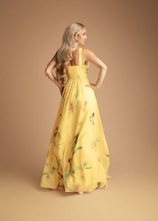 Eulalie Halter Pleated Maxi Dress in Yellow
