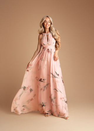Eulalie Halter Pleated Maxi Dress in Pink