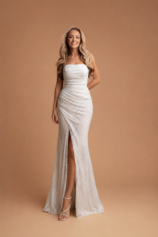 Juliette Strapless Draped Dress with Slit in White