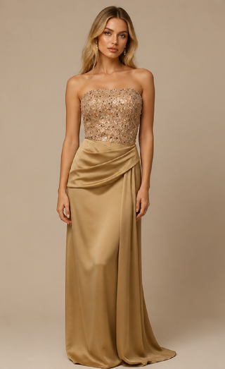 Nelia Satin Strapless Evening Dress in Golden Yellow