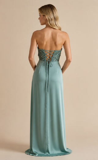 Nelia Satin Strapless Evening Dress in Apple Green