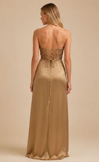 Nelia Satin Strapless Evening Dress in Golden Yellow