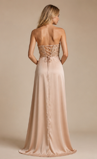 Nelia Satin Strapless Evening Dress in Beige