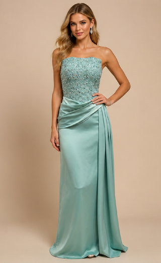Nelia Satin Strapless Evening Dress in Apple Green