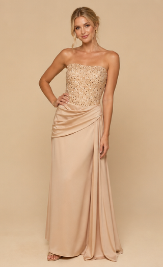 Nelia Satin Strapless Evening Dress in Beige