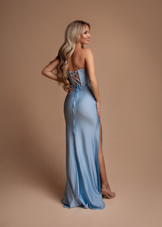 Sabrina Strapless Corset Dress with High Slit in Ice Blue