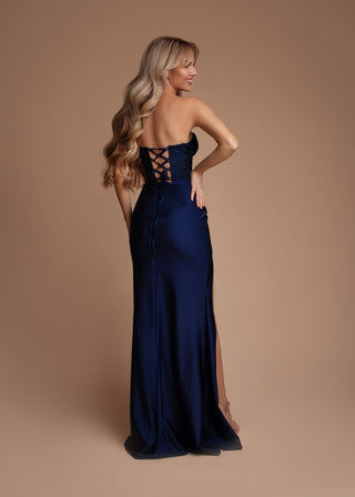 Sabrina Strapless Corset Dress with High Slit in Navy